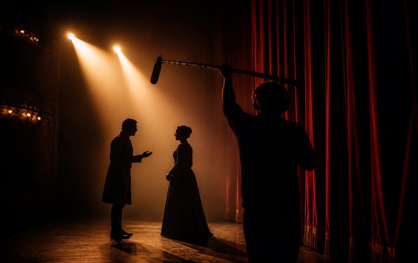 Palco de teatro iluminado com artistas e técnico em silhueta